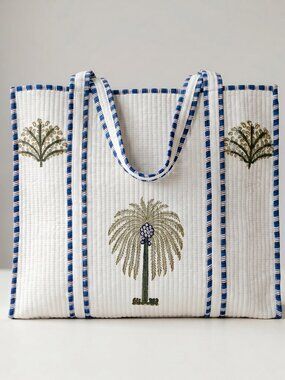 Floral Block Printed Tote Bag, Cotton Quilted Travel Bag, Eco Friendly Tote Bag